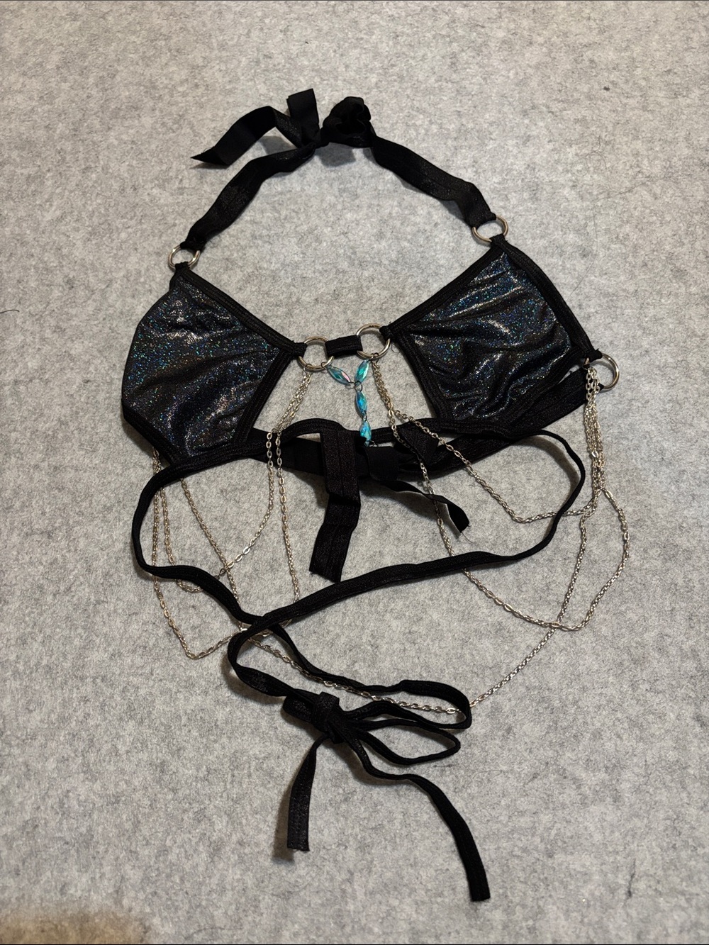 iHeartRaves x Honeiibeth Black Holographic Chain Halter Bikini Rave Top
